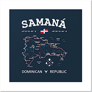 Dominican Republic Flag Travel Map Samana Coordinates Roads Rivers and Oceans White Posters and Art